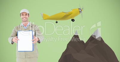 Happy delivery man showing clipboard by 3d mountains and airplane