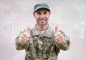 Soldier thumbs up against white map with interface