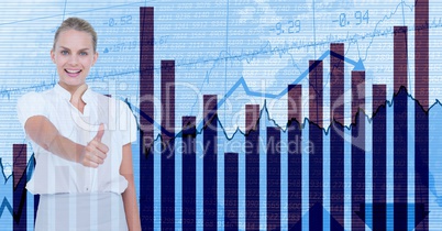 Businesswoman showing thumbs up sign against graphs