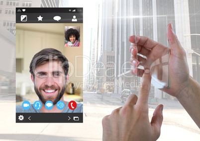 Hand touching glass screen with Social Video Chat App Interface