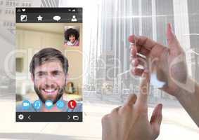 Hand touching glass screen with Social Video Chat App Interface
