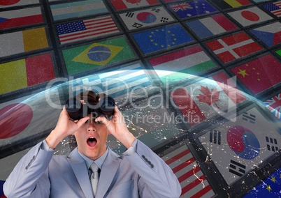 panel with flags and earth back. surprised man with binoculars