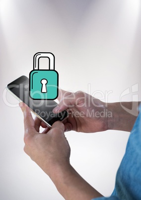 Hands with phone and teal lock graphic against white background