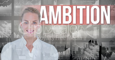 Smiling businesswoman with ambition text in background