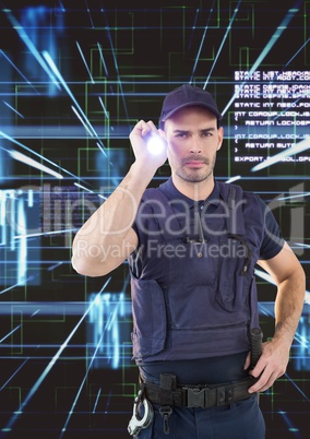 Security guard using flashlight against abstract background