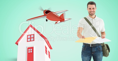 Delivery man giving parcel by house and airplane