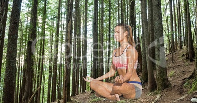 Double exposure of woman meditating against trees