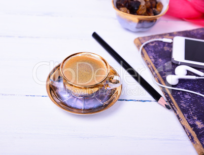 Espresso coffee on a white wooden surface