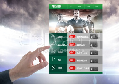 Hand touching a Betting App Interface Rugby stadium
