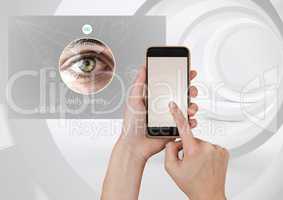 Hand Touching Mobile Phone and Identity eye Verify App Interface