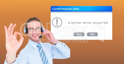 Customer support executive showing OK sign against dialog box