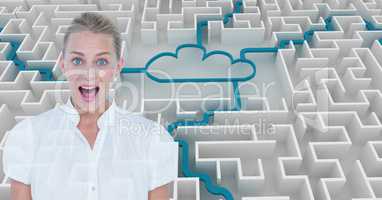 Young businesswoman screaming against cloud shape in maze