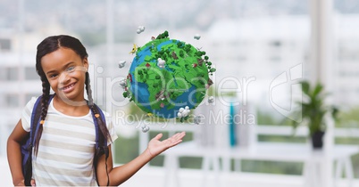 Smiling schoolgirl with low poly earth
