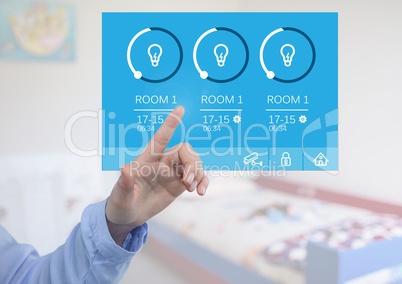 Hand touching a Home automation system lighting App Interface