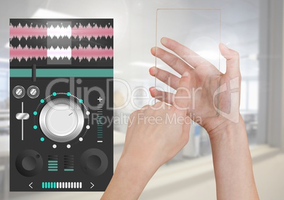 Hand Touching Glass Screen and Sound Music and Audio production engineering equalizer App Interface