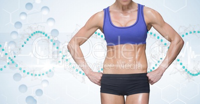 Midsection of masculine woman in sports wear against DNA structure