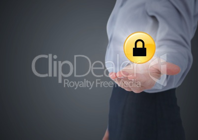 Business woman mid section with yellow lock graphic and flare in hand against grey background