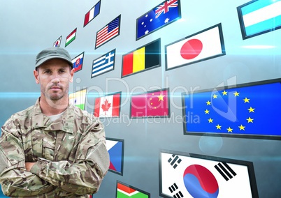 panel with flags, blue back. Soldier hand folded
