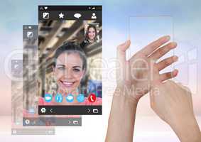Hand touching glass screen with Social Video Chat App Interface