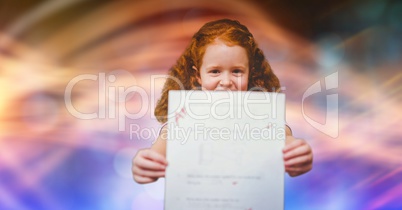 Girl showing A plus result against blur background