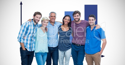 Casual business people standing arms around against graph