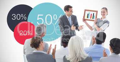 Businesswoman showing graph while colleagues applauding against graphics