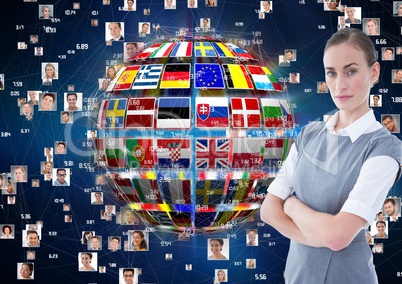 panel with flags on a ball and photo connection background. serious business woman
