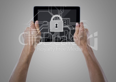 Hands with tablet and white lock graphic against light grey background