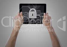Hands with tablet and white lock graphic against light grey background