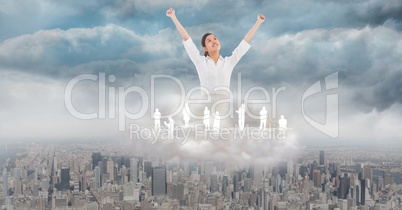 Successful businesswoman with employees over city in clouds