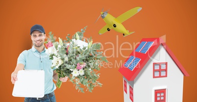 Delivery man holding clipboard and flowers by house and airplane