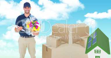 Delivery man with parcels and 3d house