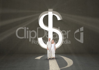 Full length of couple standing against dollar sign