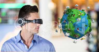 Businessman wearing VR headphone by low poly earth