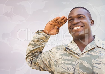 Soldier smiling and saluting against white map with interface