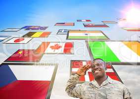 panel with flags in the sky, and soldier