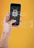 Hand with phone and white lock graphic against yellow background