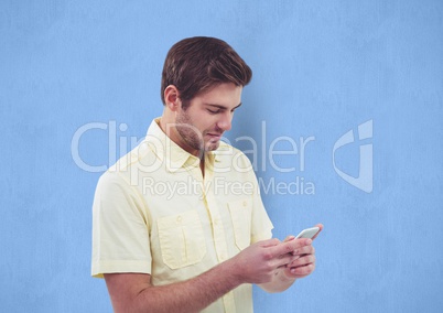 Businessman using smart phone over blue background