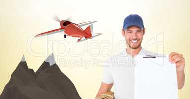 Delivery man showing clipboard against 3d plane