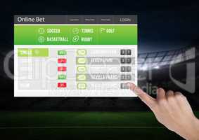 Hand touching a Betting App Interface stadium