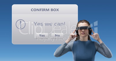 Woman using VR headphones by confirm box
