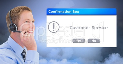 Customer service representative wearing headset by dialog box