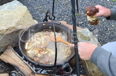Preparing Boletus and venison goulash