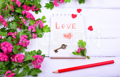 Open paper notebook with the inscription love
