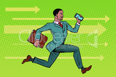Businessman with a smartphone running fast forward