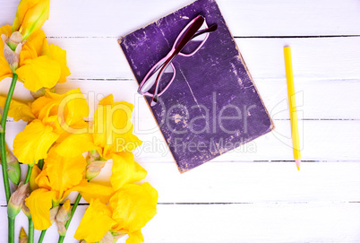 Glasses on a book, next to a bouquet of yellow irises