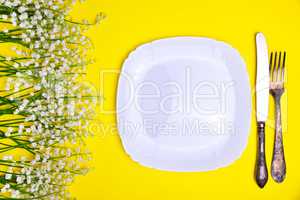 White plate and iron  cutlery on a yellow background
