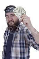 Young bearded man holding money