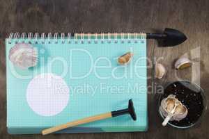 Notebook garlic and garden tools