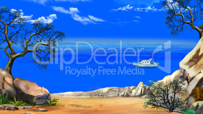 Sea View from the Cliff in a Sunny Day with Yacht